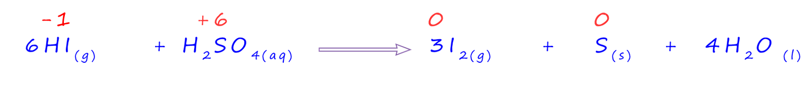 Equation to show the reduction of concentrated sulfuric acid by hydrogen iodide.